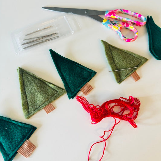 Felt Christmas Trees and red embroidery floss